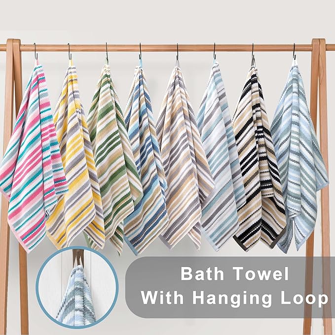 Blue Striped Bath Towels Set of 4, 28"x52", 100% Cotton, Lightweight, Super Soft & Highly Absorbent, Quick Dry Shower Towels with Hanging Loop for Bathroom & Guest Room,Gray & Blue Striped