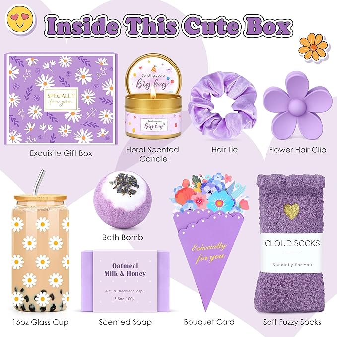 Gift Baskets for Women Unique Birthday Gifts for Women self care cheer up gifts set pick me up gift box for Woman teen girls best friend Sister Ladies Friendship Her - Inspirational Purple Present