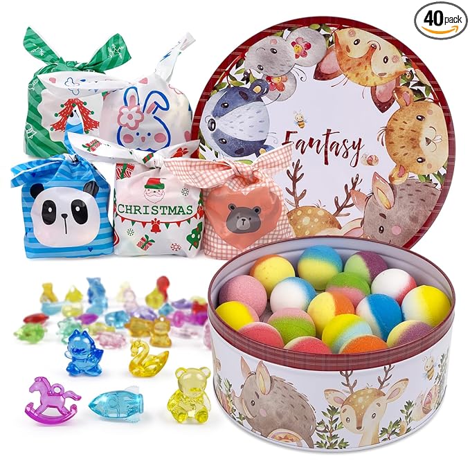 34 + 6 Bath Bombs with Crystal Toys Inside for Kids, 34PCS Organic Surprise Bath Bomb Gift Set for Christmas, Birthday, Easter, Natural Fizzy Bath Home Spa, 6PCS Gift Bags for Girls and Boys
