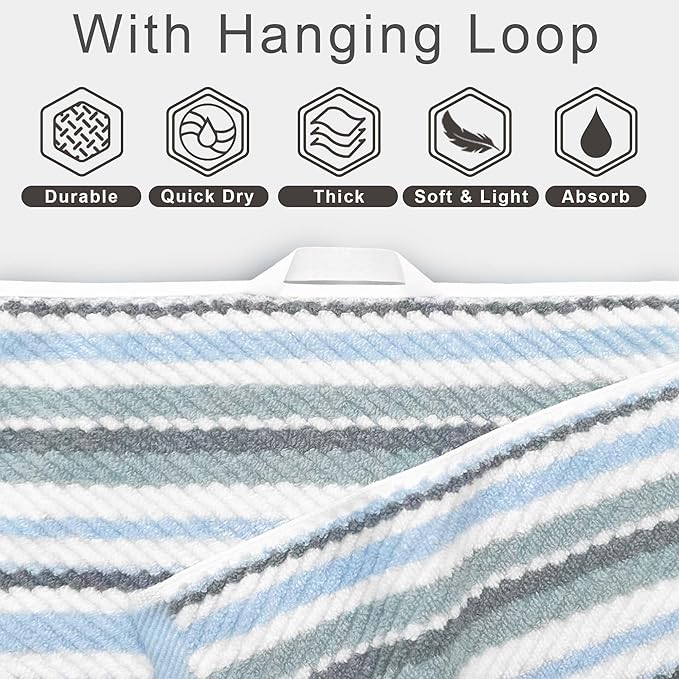 Blue Striped Towels Set of 3, 100% Cotton, Quick Dry, Soft & Absorbent Luxury Bathroom Towel Set ( Hand Towel 16"x27", Washcloth 13"x13",Bath Towel with Hanging Loop 28"x52", ) , Blue & Gray Striped