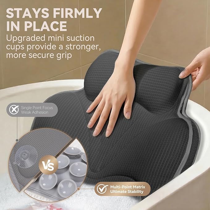 Bath Pillows for Tub - Luxury Bathtub Pillow Neck, Head, Back Support, Soft 5D Mesh Fabric and Non-Slip Suction Cups & Quick Dry, Comfort Fits All Tubs, Relaxation Spa Gift, Grey