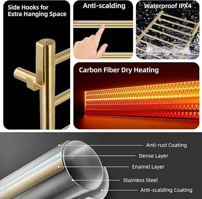 P&Dlusir Towel Warmer, Heated Towel Rack with Smart Timer and Thermo Control, Wall-Mounted Heated Towel Rail, Stainless Steel, Hard-Wired/Plug-in, Brushed Gold, 8 bar
