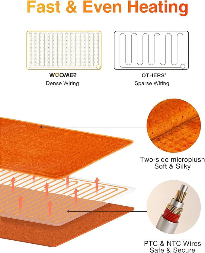 WOOMER Extra Large Heating Pad, Electric Heating Pad for Back Pain & Cramps Relief, Heat Pad with Multi-Color Option, Moist Heat Therapy Feature, Auto Shut-Off, Power Cords Storage Belt