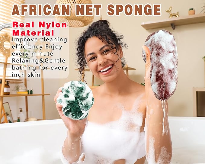 2 Pack African Net Sponge Exfoliating Body Scrubber Bath Sponge for Daily Use (Dark Brown+Dark Green)