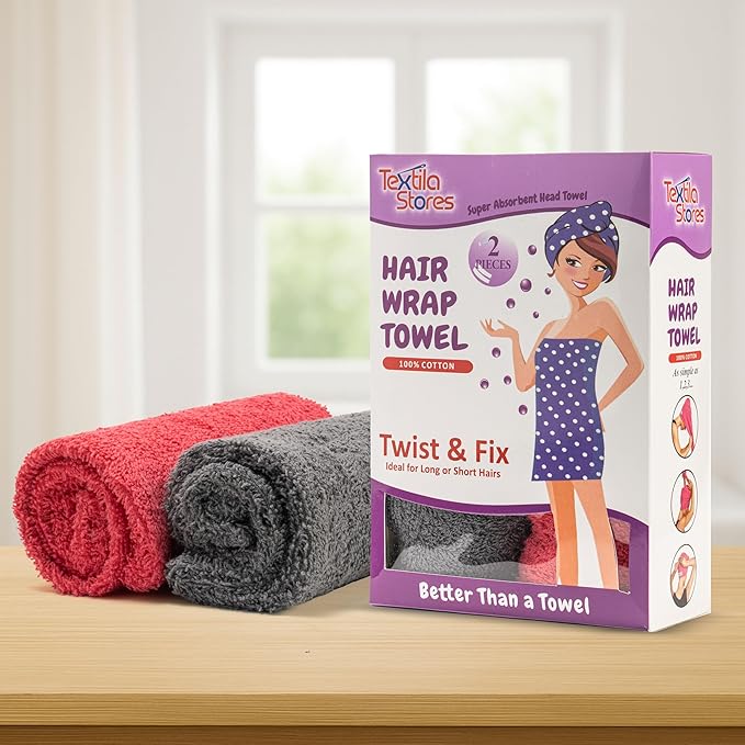 Textila 100% Cotton Hair Wrap Towels for Women (Pack of 2, Raspberry & Grey) – Soft & Absorbent Turban Towels for Long, Curly, Frizz-Prone Hair