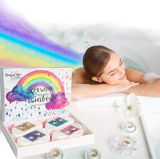 Bath Bombs - Organic Magic Rainbow Bubble Bath Bombs w/Moisturizing Shea Butter and Natural Oils, 4 Large Unicorn Cloud BathBombs, Birthday Gift for Her, Mothers Day Gift for Mom, Wife, Girlfriend