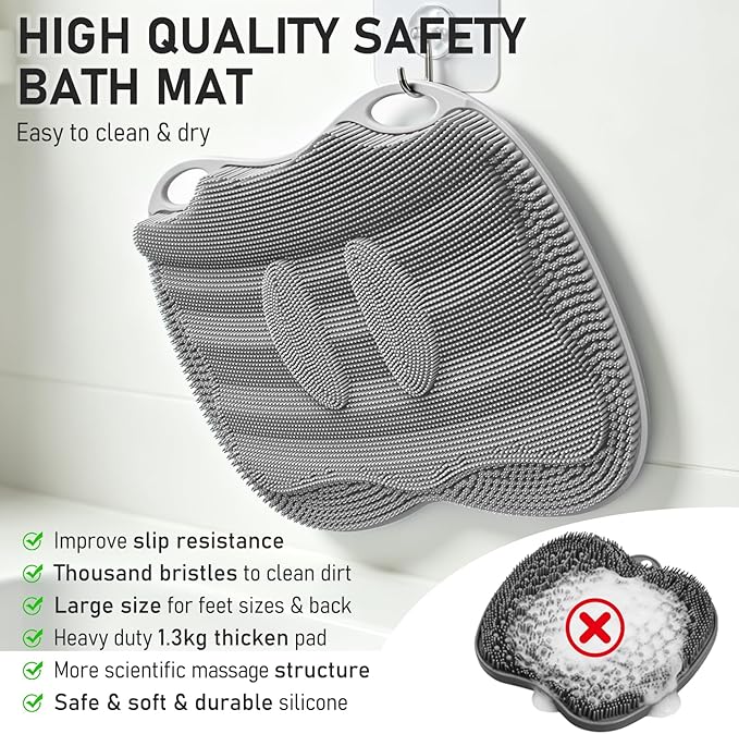 Shower Foot Scrubber Mat XL, Silicone Feet Toes Massage Cleaner -Upgraded Long Brush Pad Without Bending Non-Slip Suction Cups for Foot Bath Bathtub Exfoliate Smooth Skin 17.4x13 Grey