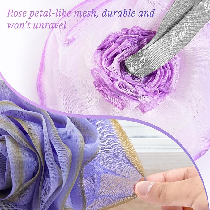 LAYUKI Bath Loofah, Shower Sponge, Body Scrubber, Rose-Shaped, Elegant (Set of 4 Pieces)