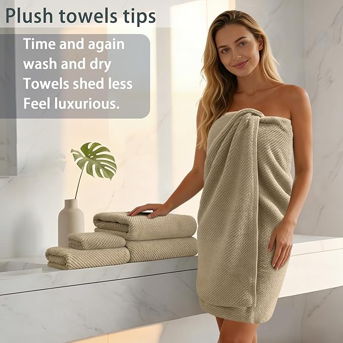 VOOVA & MOVAS Beige Towels for Bathroom - 100% Cotton | Quick Dry | Soft | Thick, 3 Piece Towel Set, 1 Large Bath 30" x 56", 1 Hand 18" x 28",1 Wash Cloth 13" x 13", Bathroom Essentials, Light Tan