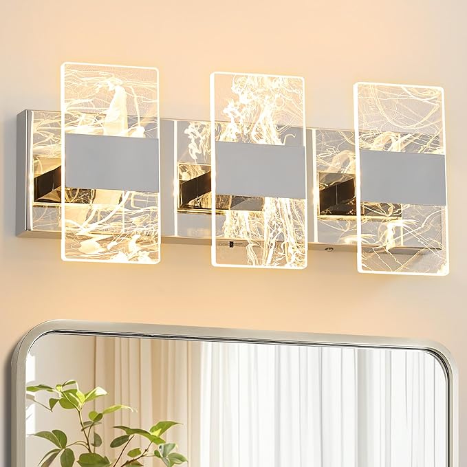 Modern LED Bathroom Light Fixtures Dimmable 3-Light Chrome Vanity Light, 5CCT Adjustable Lighting Fixture Vanity Lights Over Mirror, Smoked Acrylic LED Vanity Lights for Bathroom
