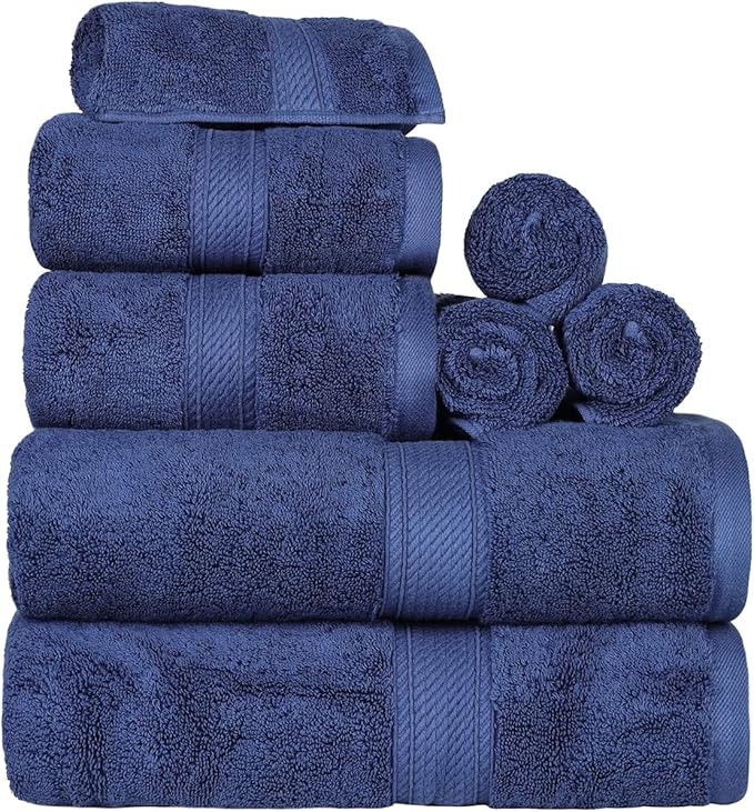 SUPERIOR Egyptian Cotton Pile 8 Piece Towel Set, Includes 2 Bath, 2 Hand, 4 Face Towels/Washcloths, Ultra Soft Luxury Towels, Thick Plush Essentials, Guest Bath, Spa, Hotel Bathroom, Navy Blue