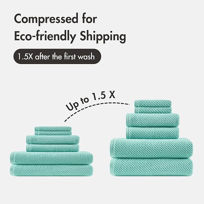 Madison Park Bathroom Towel Set of 6 Diagonal Ribbed, Turquoise 100% Cotton Quick Dry & Absorbent| 2 Bath 30" x 56"| 2 Hand 18" x 28"| 2 Washcloths 13" x 13"| Zero Twist, 500 GSM, Oeko-TEX