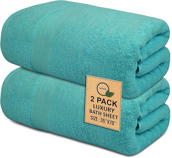 Softolle 100% Cotton Luxury Bath Sheets - Pack of 2 (35" x 70") | Super Soft, Quick-Dry & Highly Absorbent Towels for Bathroom, Home, Spa & Gym (Turquoise)