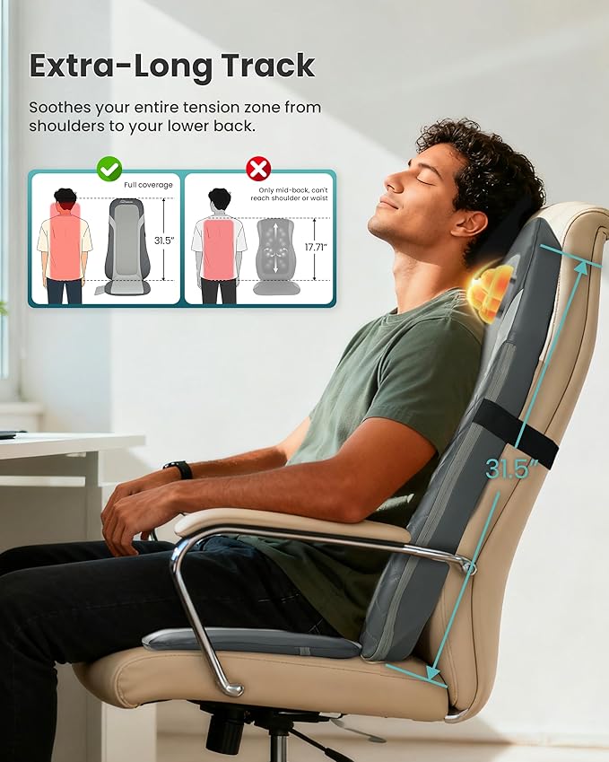 Snailax Shiatsu Back Massager with Heat,Full Back Massager for Pain Relief Deep Tissue,Longer Massage Chair Pad,Back Kneading Shiatsu or Rolling Massage for Chair