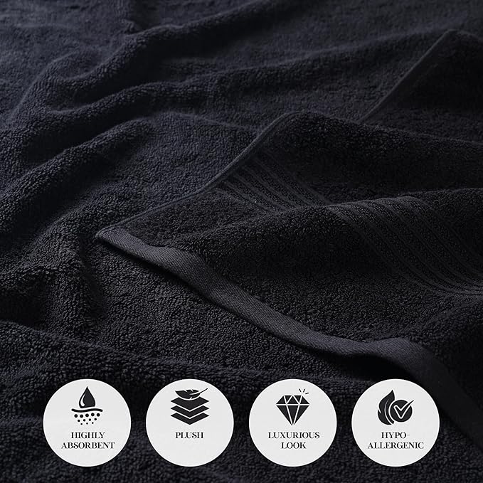 Superior Egyptian Cotton 3-Piece Towel Set, Basic Towels For Bathroom, Home Decor, Guest Bath, Shower, Apartment, Included 1 Face, 1 Hand, 1 Bath Towel, Washcloth, Quick Dry, Black
