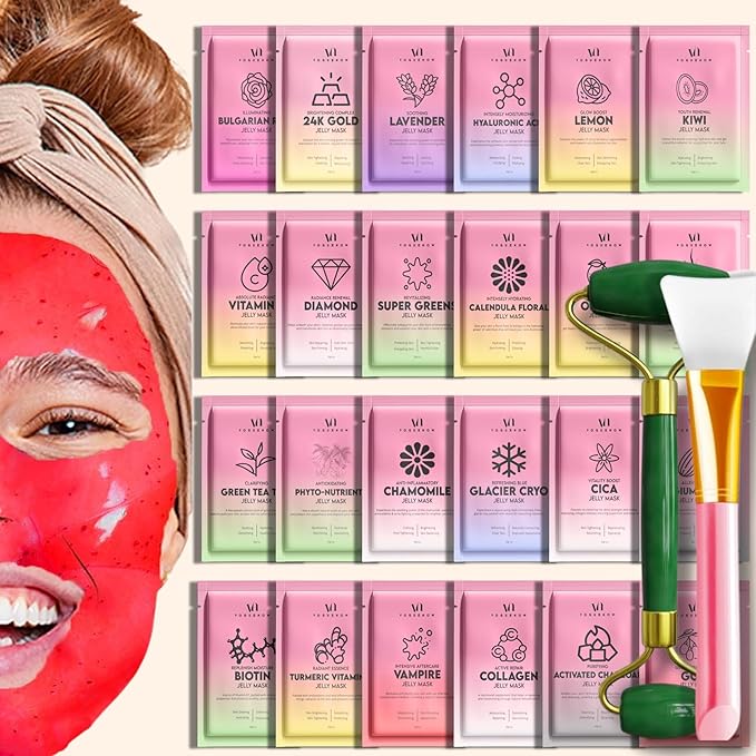 Jelly Mask for Facials - 24 Flavors Hydrating & Brightening Jelly Face Masks | Free Jade Roller & Spatula | Rose, Lavender, Hyaluronic Acid, 24K Gold face mask skin care | Mothers Day Gift for Mom