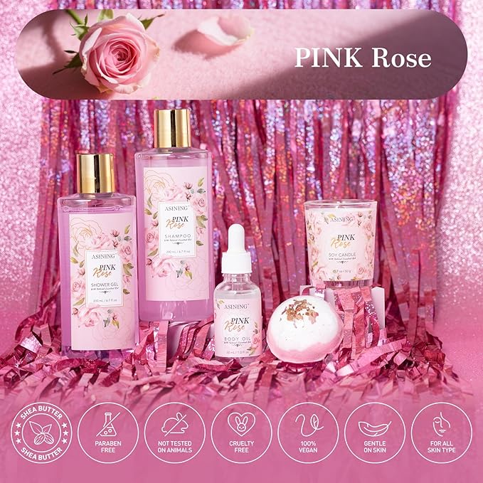 Bath and Body Gift Basket Set Mothers Day, 16 Pcs Luxury Rose & Vanilla Scent Spa Gift Basket Set for Women, Watermelon Body Scrub, Perfect Bath & Body Gift Set, Home Spa Bath Pamper Gifts Teens