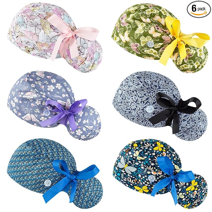 Scrub Caps Women Bouffant Scrub Hats Caps Nurses, Adjustable Working Cap Ponytail Pouch Tie Back Hats