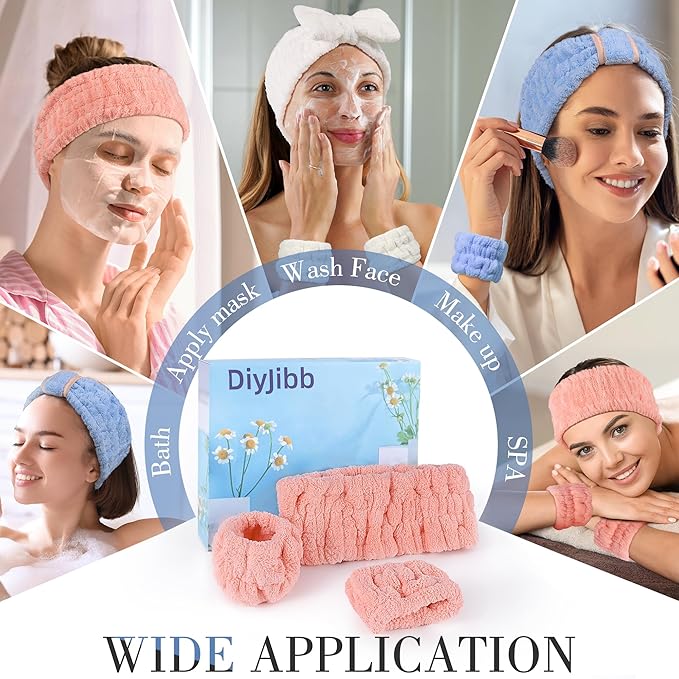 DiyJibb 9 Pcs Spa Headband for Washing Face,Skincare Headband and Wristband Set,Women Teen Girls Facial Hairbands for Washing Face, Makeup, Sports, Yoga (apricot + blue + orange pink)