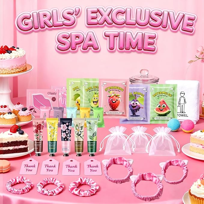 55PCS Spa Party Supplies for Girls, Spa Party Favors Face Masks, Hand Cream, Lip Balm, Lip Mask, Under Eye Patches, Foot Bath Bombs, Spa Birthday Sleepover Party Supplies for Women, Mothers Day Gifts