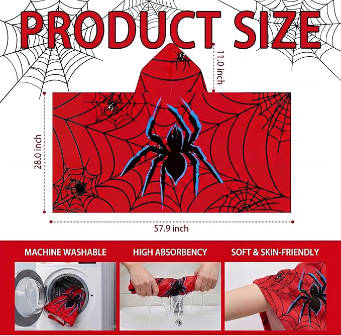 Peryiter 2 Pcs Spider Hooded Towel Bath Beach Quick Dry Towels Swimming Bath Shower Pool Travel Trips Vacations Absorbent Soft Beach Blanket, 58 x 28 Inches