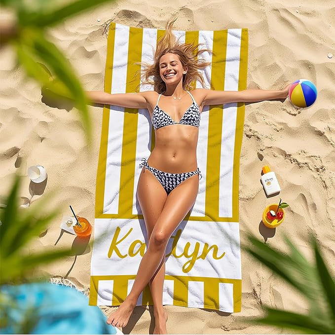 JML Personalized Beach Towel with Name, Custom Cabana Stripe Beach Towel, Customized Microfiber Pool Towel, Quick Dry & Absorbent Swim Towel for Adult,Anniversary, Birthday, Summer Holiday,Vacation