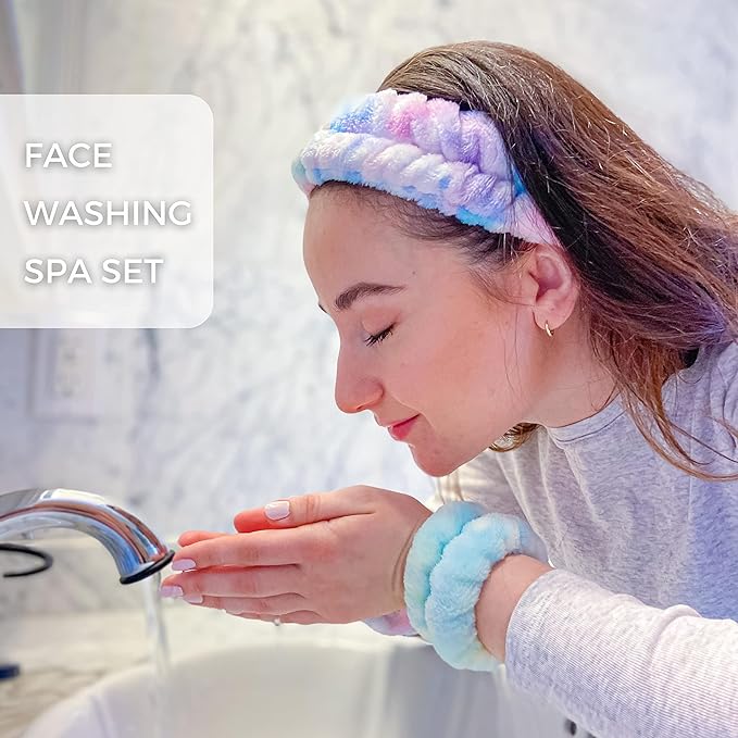 FROG SAC Spa Headband and Wristbands for Face Washing, Fuzzy Skincare Make Up Headbands Set for Women, Soft Puffy Makeup Skin Care Facewashing Hair Band Accessories for Girls (Rainbow Tie Dye)