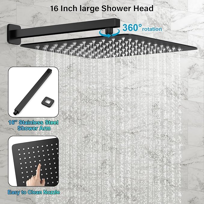 FPXRNG Black Shower Faucet Set, Rainfall Shower System with Square Shower Head and Handle Set, Wall Mounted Shower Fixtures, Full Metal Trim Repair Kit 16 inch Matte Black (With Shower Valve)