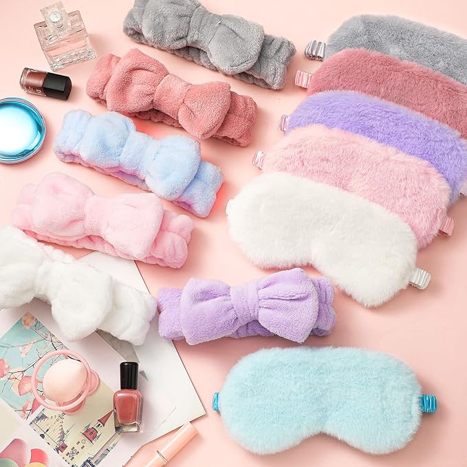 Xuhal 24 Pcs Spa Sleepover Party Favors Supplies Plush Headband and Eye Mask for Women Soft Makeup Washing Face Sleep Hair Bands for Girl Gift Birthday Stuff(Solid Color and Tie Dyed)