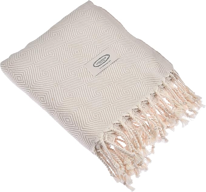 Personalized Embroidered Beach Towel | Throw Blanket, Easy Carry, Sand Free, Highly Absorbent, Quick Dry, Turkish Towels for Travel Camping Bath Sauna Beach Gym Pool Yoga SPA by Lahammam, Asia, Beige