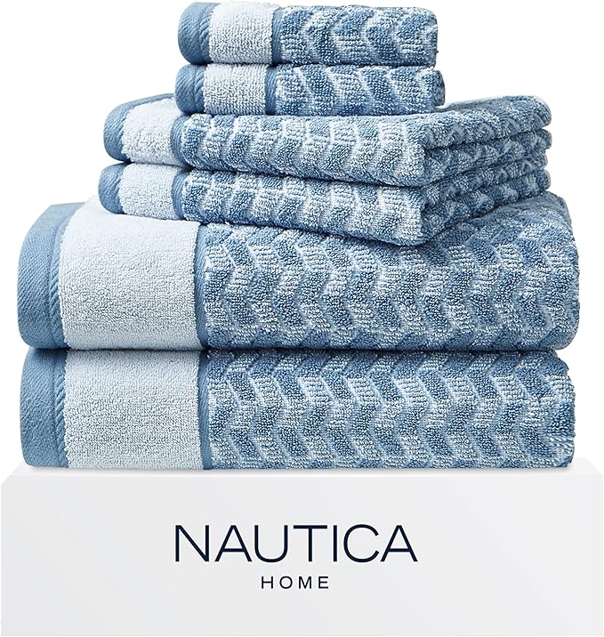 Nautica - Bath Towel Set, Cotton Bath, Hand & Washcloths, Plush, Absorbent & Quick-Dry, Chevron Print, Americana Decor, Set of 6, Zane Blue