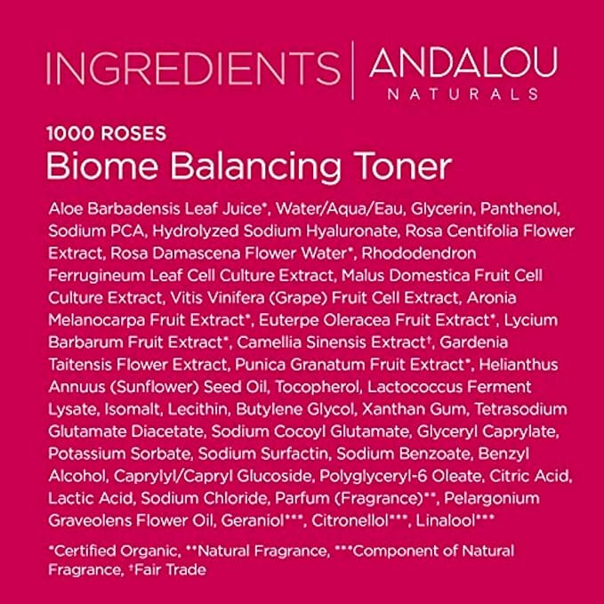 Andalou Naturals Toner, 1000 Roses Biome Balancing Facial Toner, Refreshing & Gentle on Sensitive Skin, Rose-Biotic Blend to Help Protect & Strengthen Skin Barrier, 6 Fl Oz Spray