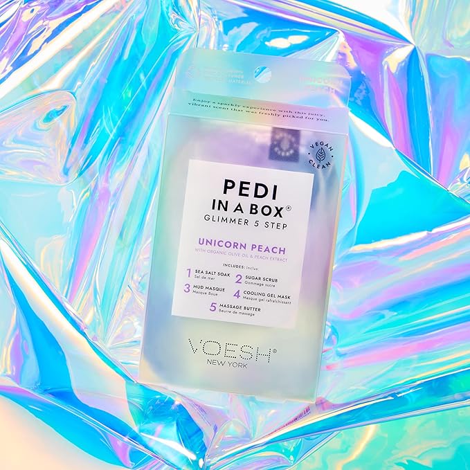 VOESH Pedi in a Box Glimmer - 2 Packs, Unicorn Peach, Pedi in a Box, Spa Pedicure Kit, Sparkly Pedicure, DIY Pedi, Foot Care, At-Home Pedi Products, Vegan Skincare