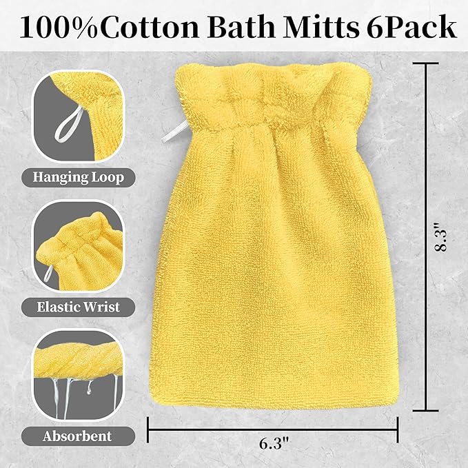 VOOVA & MOVAS Washcloths for Body, 8.3"x6.3" - 100% Cotton,Soft Absorbent Bath Mitt Washcloth with Hanging Loop, Bath Mitts for Shower, Yellow