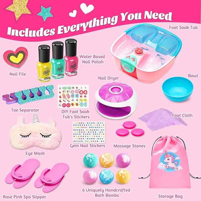 Kids Spa Day Kit for Girls, Foot Spa with Nail Dryer & Bath Bombs,Kids Foot Spa with Music Foot Soak Tub & Nail Polish Set, Girls Toys Gifts for 6-12, Christmas Birthday Gifts