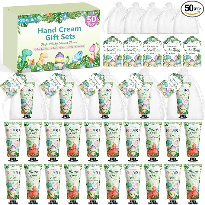 50 Pack Bulk Hand Cream Gifts Sets, Baby Shower Favors and Wedding Welcome Bag Stuffers for Guests with Thank You Card and Organza Gift Bags, Appreciation Gifts, Bridal Shower Favors (Dinosaur)