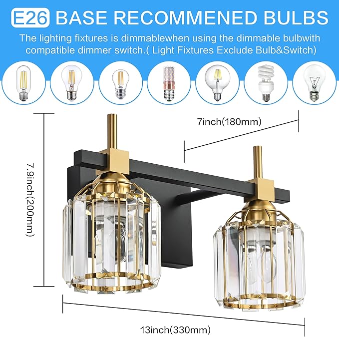 SOLFART Crystal Lights Over Mirror Bathroom Vanity Light Crystal Vanity Lights for Bathroom Light Fixtures Over Mirror 2T