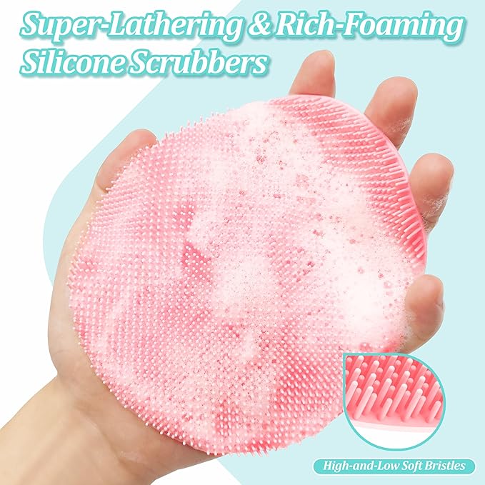 Upgrade Silicone Body Scrubber with Straps, 360° Anti-Slip & Enlarged Exfoliating Shower Scrubber for Rich Foaming Deep Cleaning, No-Grip & Hand-fit Bath Glove for All Skin Types(Black+Pink)