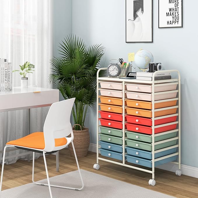 Giantex 20 Drawers Rolling Cart, Mobile Storage Drawer Cart, Classroom Organizer Cart for Office School Supplies Teacher Tools Scrapbook Paper Craft Small Printer, Utility Cart on Wheels, Macaron
