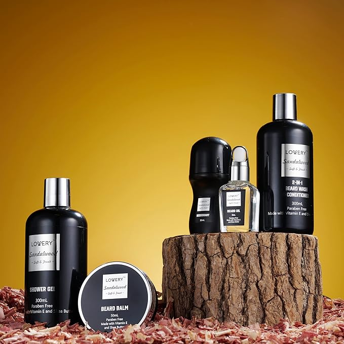 Gifts for Men, Valentines Day Gifts for Him Body And Wash Gift Set Beard Kit and Body Care, Sandalwood Spa Baskets, Bath and Beard Grooming Kit, for Husband, Dad, Beard Balm Growth Oil