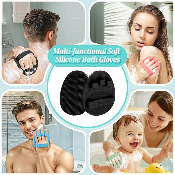 Silicone Back & Face Scrubber & Bath Glove Set 3PCS, 13.4'' Gentle Back Scrubber with Dual-Side Head, 360° Anti-Slip Bath Glove, Unique Side-bristled Face Scrubber for All-round Cleaning(Black)