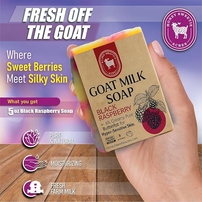 Honey Sweetie Acres Black Raspberry Goat Milk Soap - Handmade 5 oz Bar, Made with Natural Ingredients, Moisturizing & Gentle, Made in the USA (Black Raspberry)