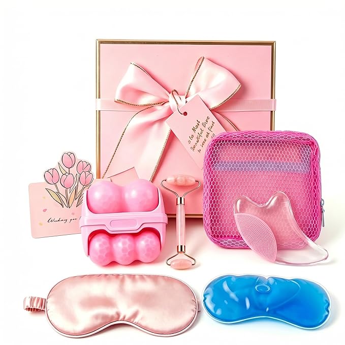 Mothers Day Skincare Tool Gifts Set for Her, Women, Daughter, Mom, Teen Girls - Gua Sha & Jade Roller, ice roller for face, Self Care Gifts Set, Eye Mask, with Greeting Card, Girlfriend Birthday Gift