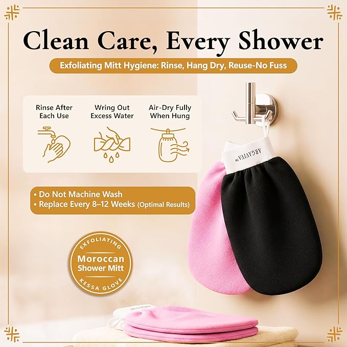 Moroccan Exfoliating Glove for Shower - Kessa Hammam Body Scrub Gloves, Exfoliating Mitt, Bath Mitt - Couple's Spa Set, 2 Pack His and Hers, Pink and Black