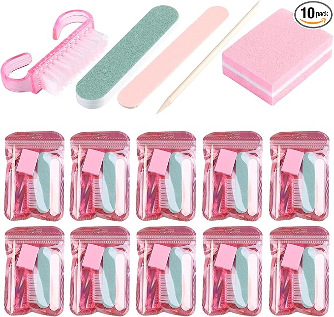 Fcozpjk Disposable Manicure Kit Basics 5PCS Nail Kit, Mini Nail Files Buffers Bulk Handle Grip Brush Orange Wood Stick Individually-Packed Pedicure Set for Fingernails Toenails Salon Supplies 10 Packs