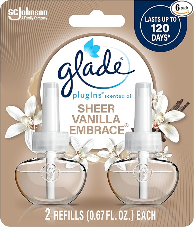 Glade PlugIns Refills Air Freshener, Scented and Essential Oils for Home and Bathroom, Sheer Vanilla Embrace, 1.34 Oz, 2 Count (Pack of 6)