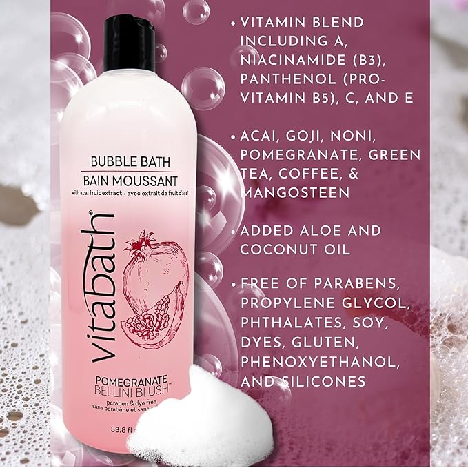 Vitabath Pomegranate Bellini Blush Bubble Bath Rich Foaming Bubbly Soak & Relaxing Aromatherapy Moisturizing & Nourishing Indulgent Suds for Women & Men All Skin Types - 33.8 fl oz
