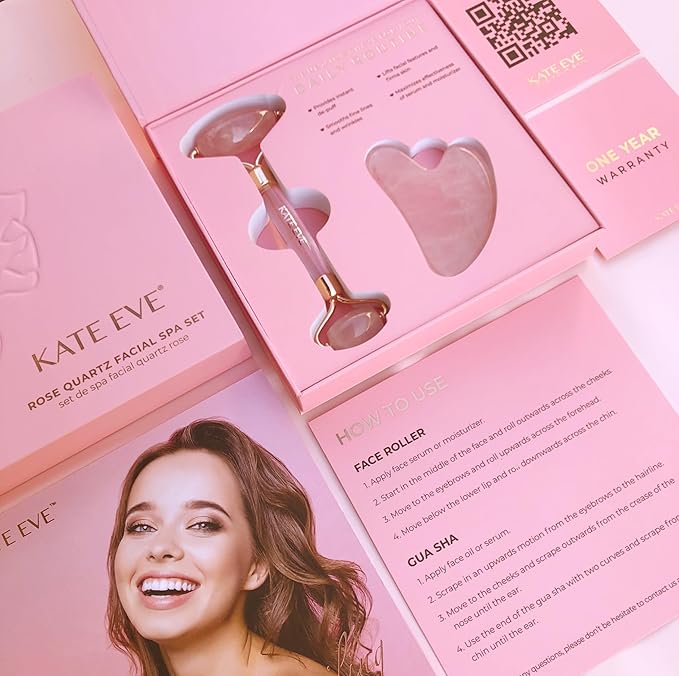 Kate Eve Rose Quartz Face Roller & Gua Sha Set – Luxury Facial Spa Gift for Mom | 100% Natural Brazilian Rose Quartz | De-Puffing Skincare Tool for Women