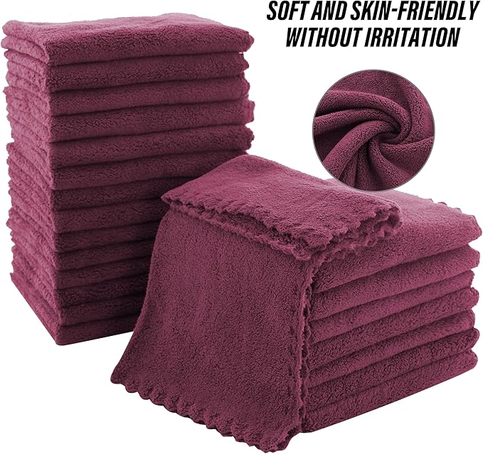 MOONQUEEN Ultra Soft Premium Washcloths Set - 12 x 12 inches - 24 Pack - Quick Drying - Highly Absorbent Coral Velvet Bathroom Wash Clothes - Use as Bath, Spa, Facial, Fingertip Towel (Burgundy)
