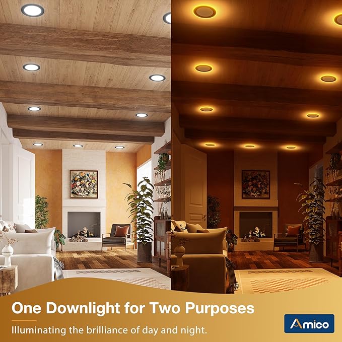 Amico 6 Pack Black 6 Inch 5CCT LED Recessed Ceiling Light with Night Light, 2700K/3000K/3500K/4000K/5000K Selectable Ultra-Thin Lighting, 12W=110W, 1100LM, Dimmable Canless Wafer Downlight - ETL&FCC